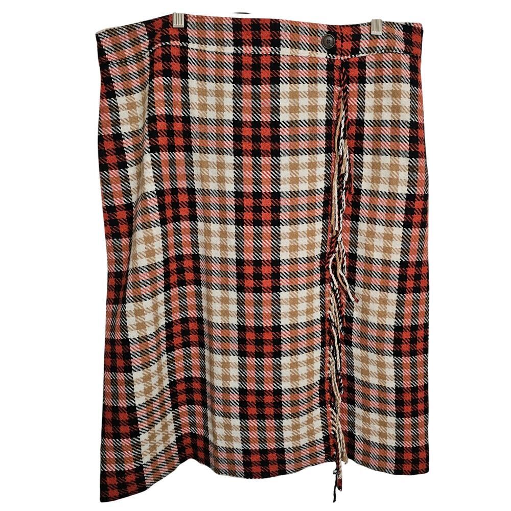 Talbots Fringe Faux Wrap Wool Blend Skirt Tartan Plaid 18 Orange‎ Brown Autumn